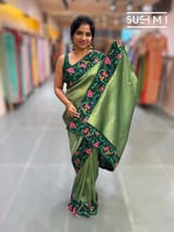 Bottle green Banarasi Tissue with petite point embroidery: S62F185