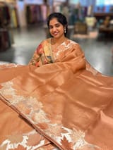 Peach Organza Saree with Stunning Leaf Embroidered Border SS50316