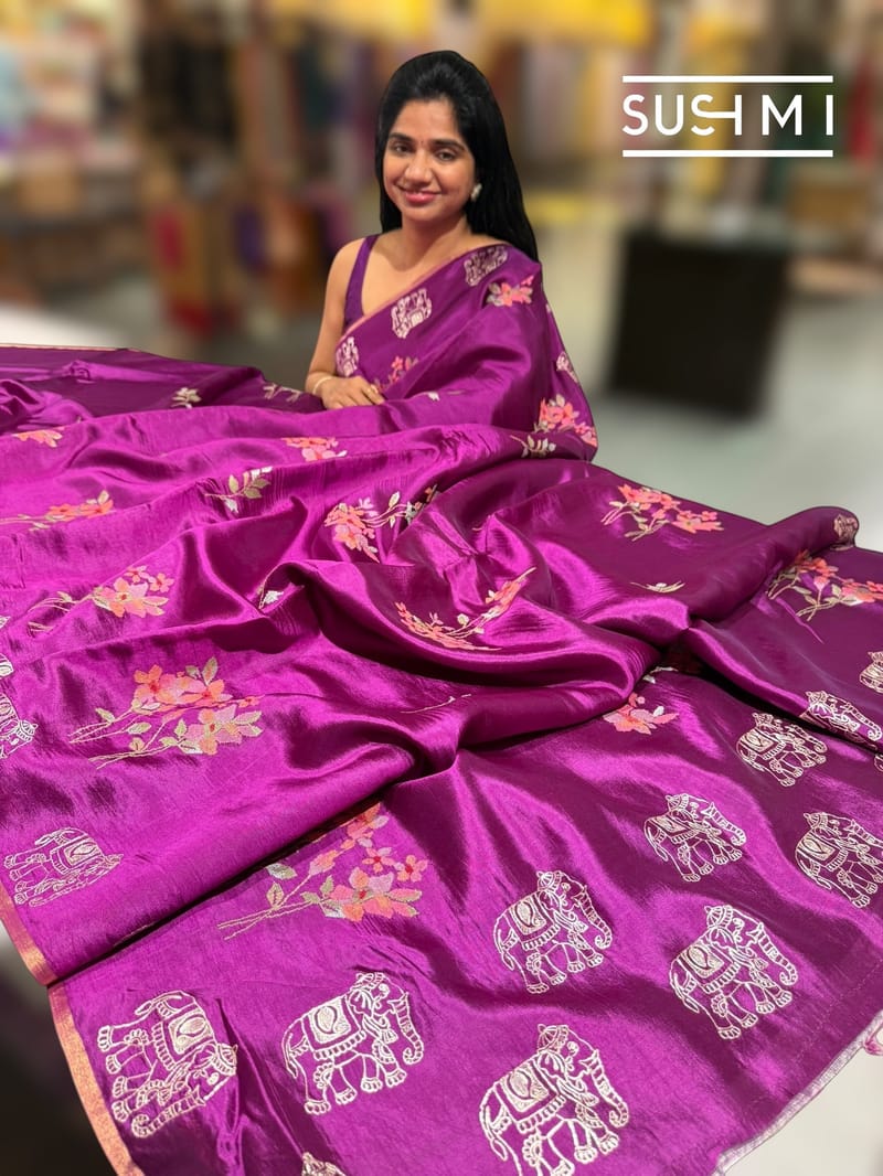 Purple Pure Silk saree with petite point embroidery: S62F166