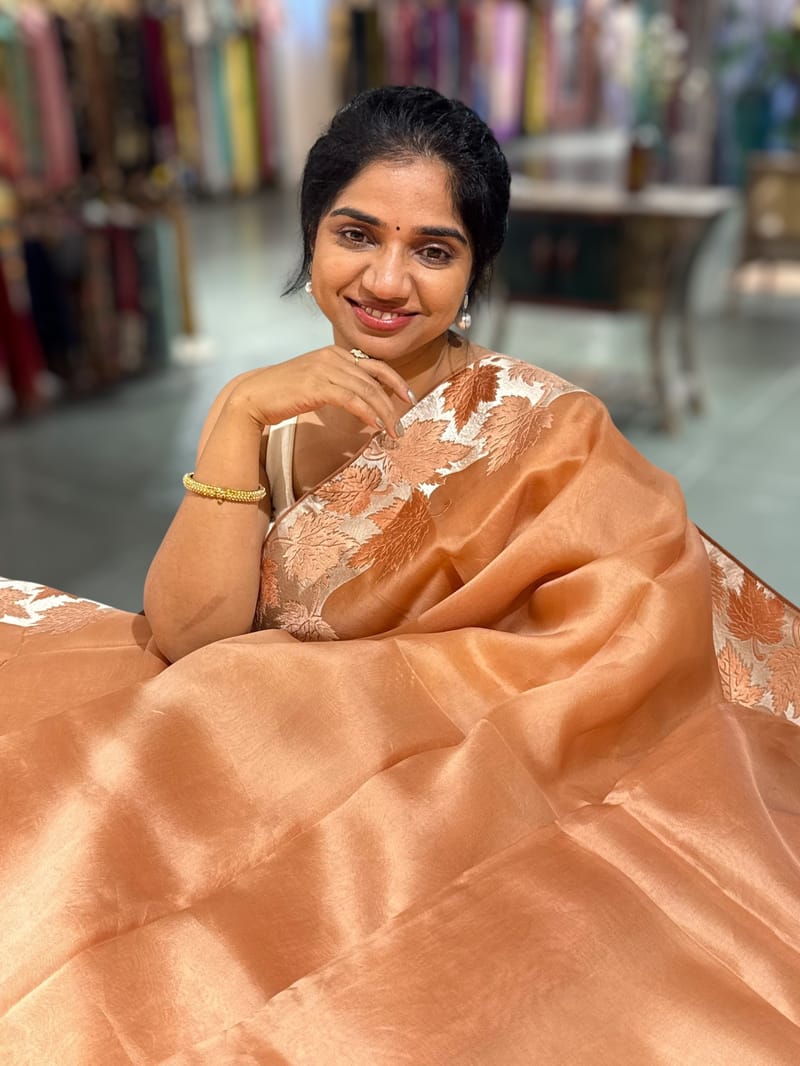 Peach Organza Saree with Stunning Leaf Embroidered Border SS50316