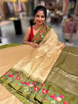 Beige kanchi vintage checks soft silk saree with pythani inspired parrot embroidered border SS50130