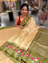 Beige kanchi vintage checks soft silk saree with pythani inspired parrot embroidered border SS50130