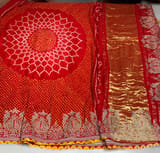 Orangish Red Designer Rai Bandhej Saree With Embroidered Border SS50483