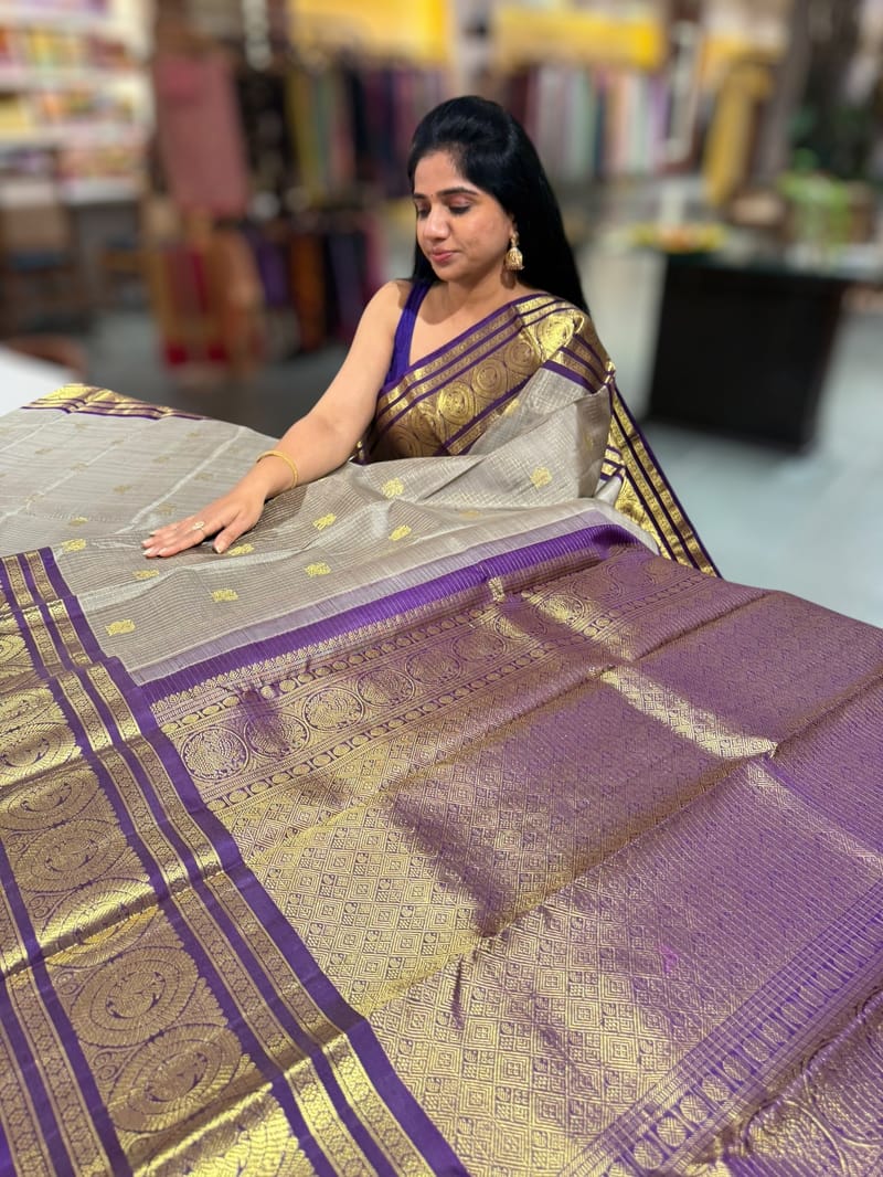 English Grey Vintage kanchi checks  saree SS50159