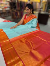 Sea Blue & Orangish pink combo  Vintage checks Kanjeevaram Saree SS50607