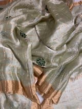 Pastel green checks tissue with allover rose embroidery SS50400