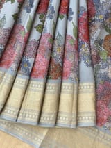 Dusty Blue Pure Handloom Chiniya Silk Saree with stunning Floral Print and zari borders SS50103