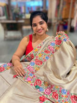 Beigish Taupe Green Kanchi Brocade Tissue Saree with Petite Point Embroidered Border SS50141