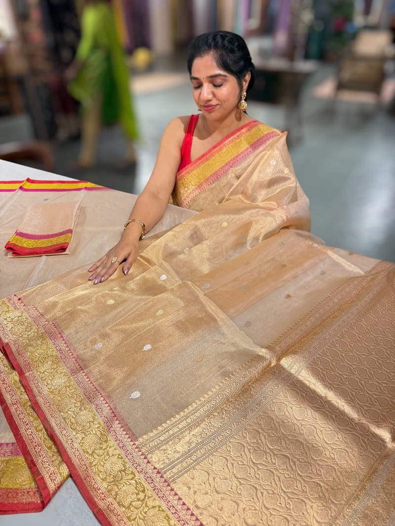 Banarasi Handloom Gold tissue Saree with multi color woven border. SS50419