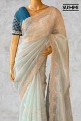 Mint Pure Organza Saree with heavy Handwork