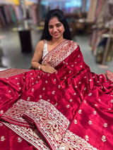 Maroon Red Pure Mashru Satin Saree with embroidery
