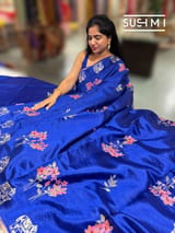 Royal Blue Pure Silk saree with petite point embroidery: S62F165