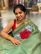 Emerald Green Tussar Brocade Saree With Statement Red Rose Embroidery. SS50471