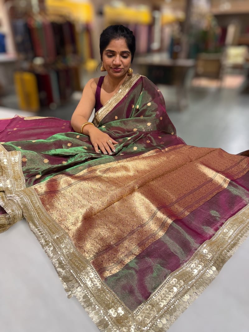 Green & Wine Combo Pure handloom Banarasi Tissue saree SS50429