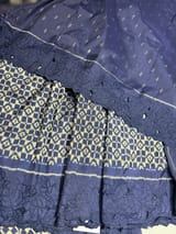 Midnight Blue Cambodian–inspired Ikkat Silk Saree with cutwork Rose Border SS50346