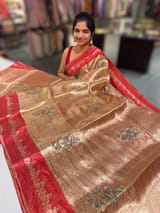 Red Banarasi Brocade Tissue with embroidery