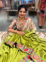 Chickoo & Mustard Pure Satin Ombre Dyed Saree with Petite Point Embroidered Border and blouse.