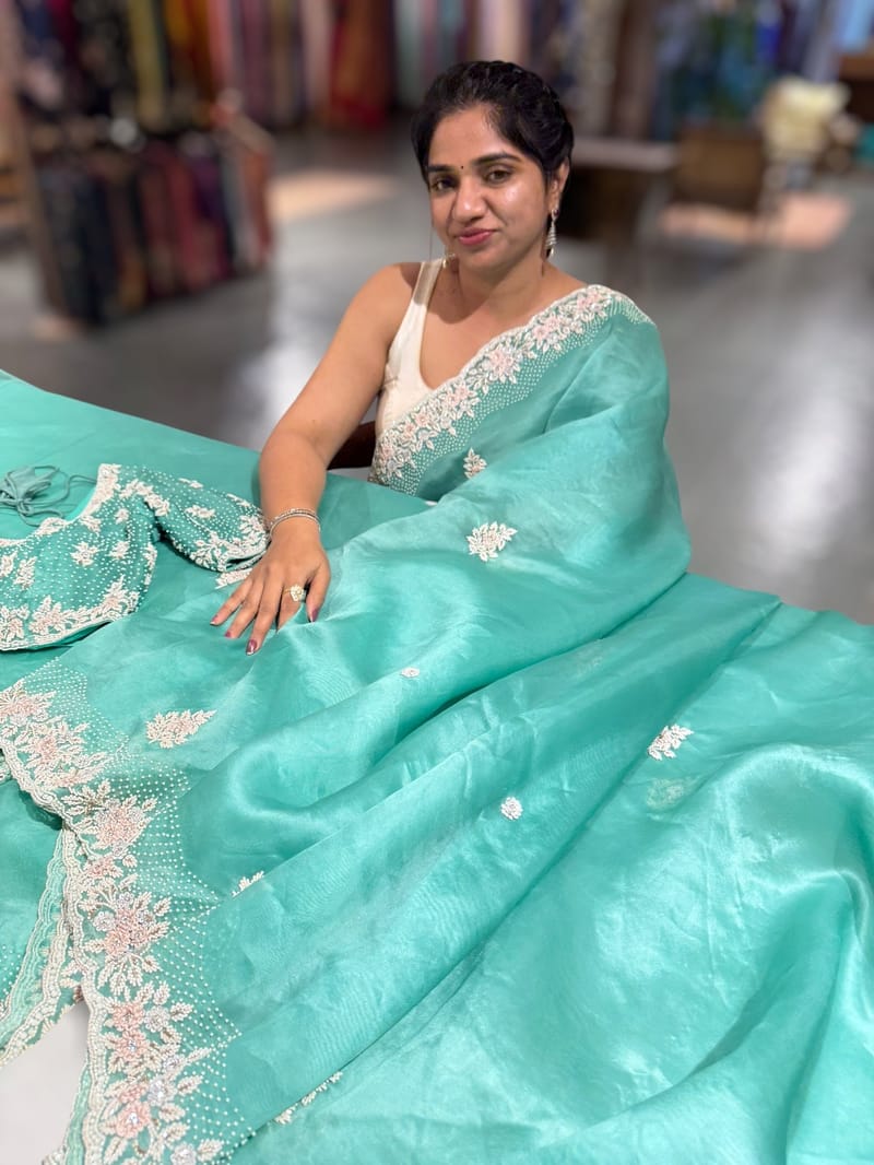 Sea Organza heavy handwork saree with ready to wear blouse