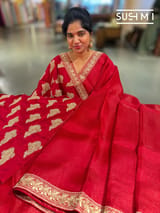 Chilli Red Organza Saree with sabhyasachi borders S62119