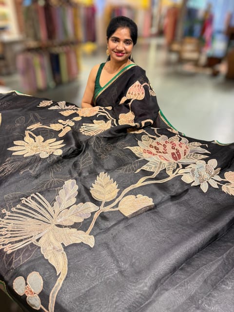 Black Designer Organza with Tissue Applique Work