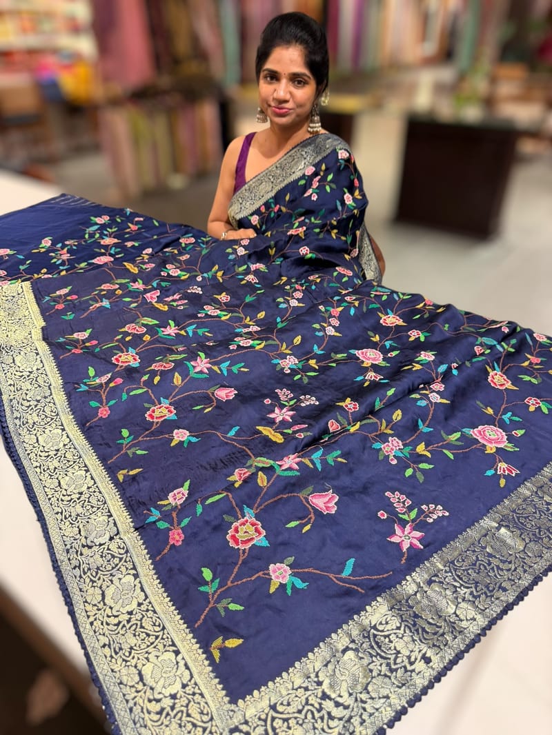 Midnight Blue Mashru Banaras with petite Point embroidery SS5005