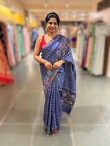 Cobalt Blue pure handloom Tussar Vintage Checks Saree with Jamdani inspired embroidered border SS50467