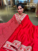 Bright Chilli Red Satin Saree with sabyasachi borders : D62F052