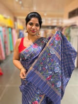 Cobalt Blue pure handloom Tussar Vintage Checks Saree with Jamdani inspired embroidered border SS50467