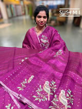 Majenta muslin tissue stripes saree with hibuscus emb
