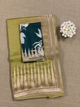 Lime Pure Organza With Temple Embroidered Border & Tussar Printed Blouse SS50297