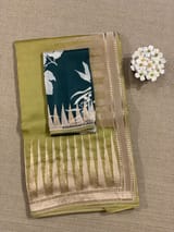 Lime Pure Organza With Temple Embroidered Border & Tussar Printed Blouse SS50297