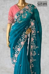 Peacock Green Pure Organza heavy handwork saree