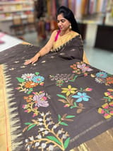 Darkest Brown  Pure  handloom Ponduru Khadi jamdani Saree with heavy pallu
