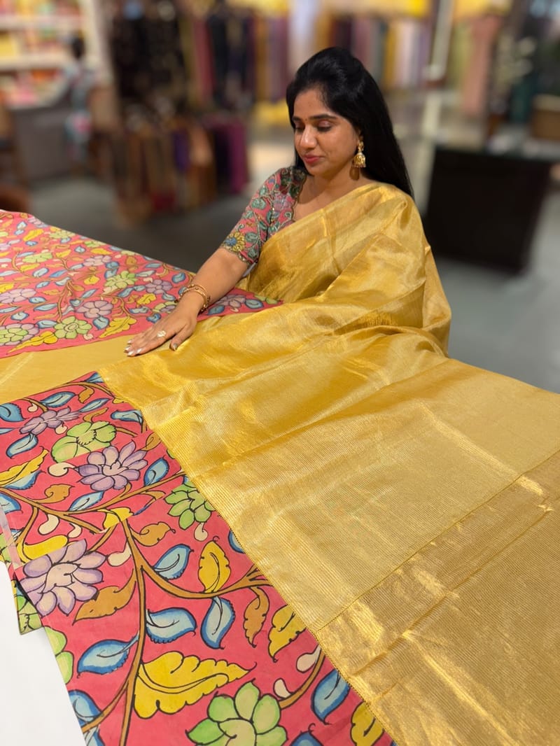 Light Gold Handloom Tissue & Pen kalamkari fusion Saree SS50406
