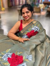 Sage Green Tussar Brocade Saree With Statement Red Rose Embroidery SS50469
