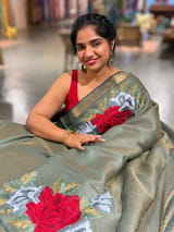 Sage Green Tussar Brocade Saree With Statement Red Rose Embroidery SS50469