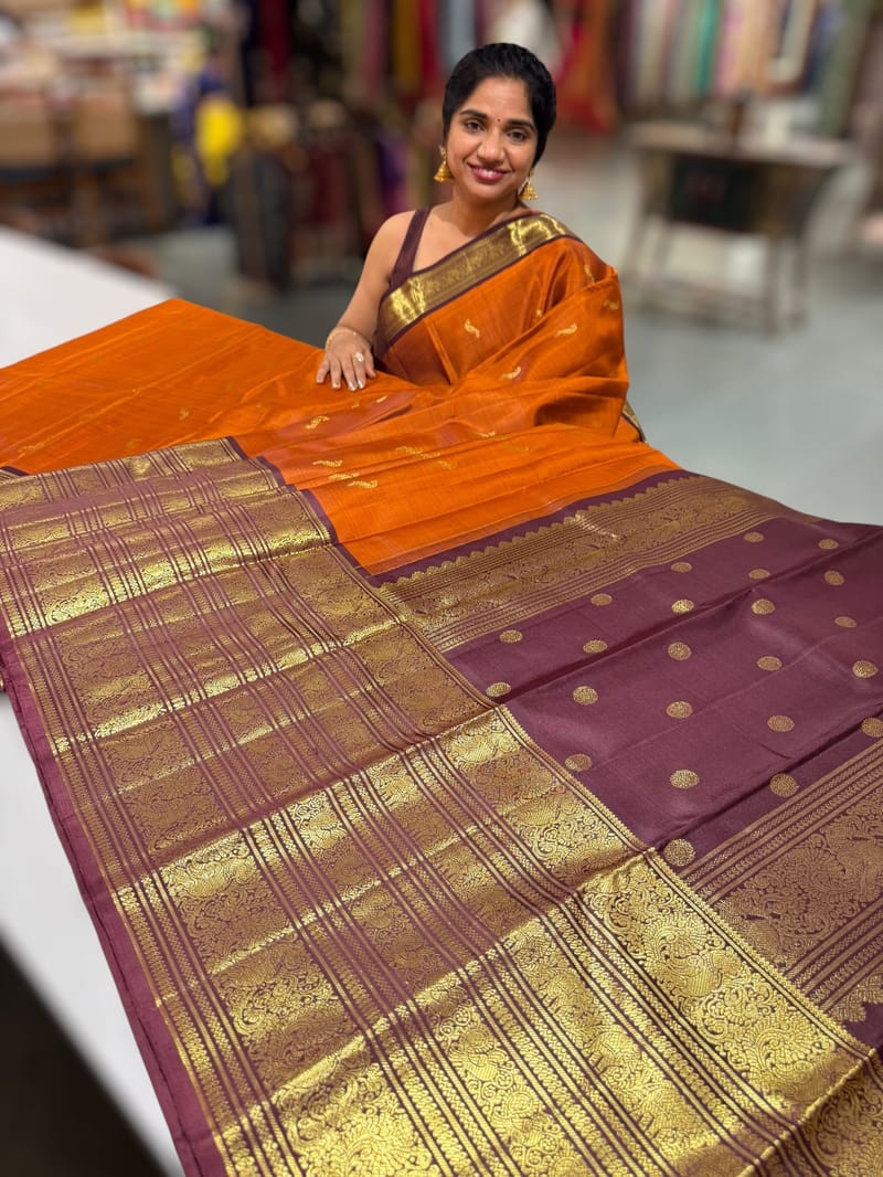 Rust Orange and Winish Brown Vintage Kanchipuram heavy Skirt border Saree SS50176