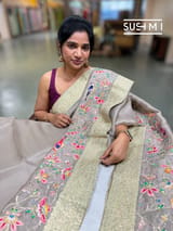 Muted Earthy Dove tone Organza Banarasi Fusion Saree with Bird Appliqué