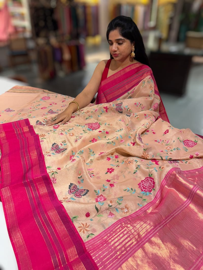 Peach Tissue Gorgette Fusion Saree with vidarbha Borders