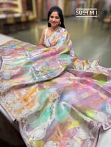 Lilac Printed Organza Tissue stripes saree with embroidery