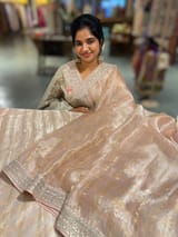 Pale Pink Pure Handloom Tissue checks Saree with sabyasachi borders