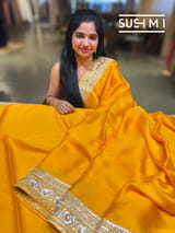 Marigold yellowish Orange Satin Saree with sabyasachi borders : D62F046