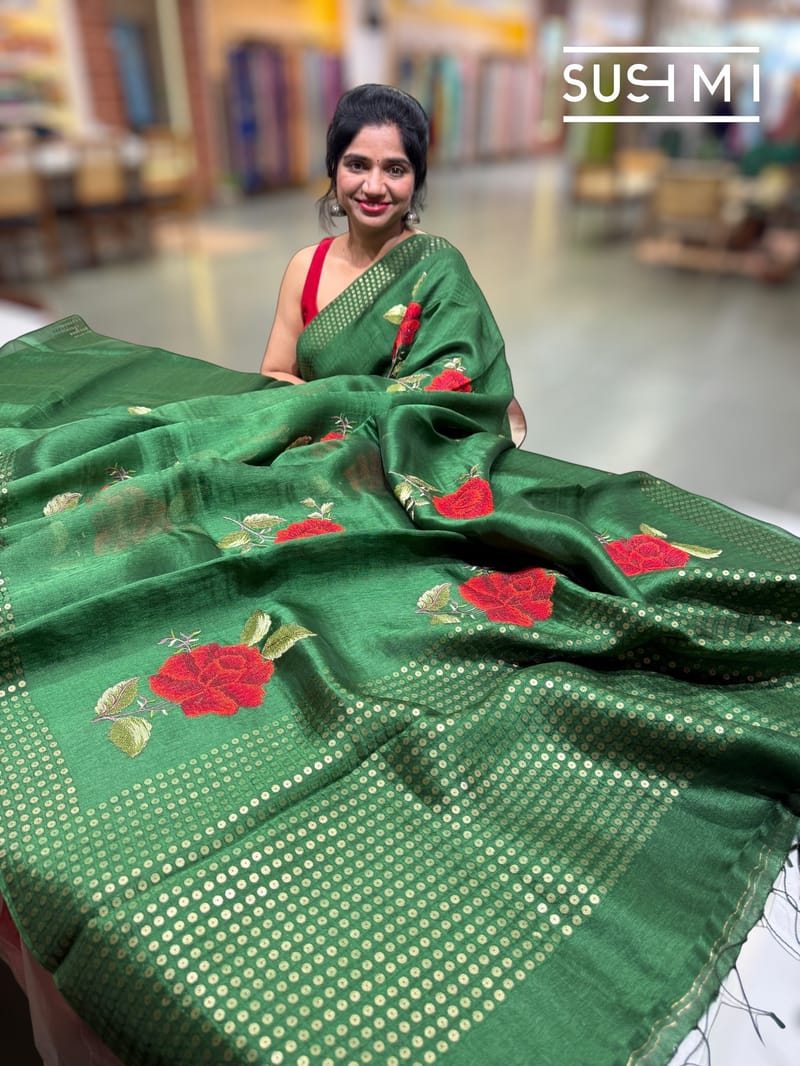 Green Muslin Saree with Pocket Sequins & Hibiscus Embroidery