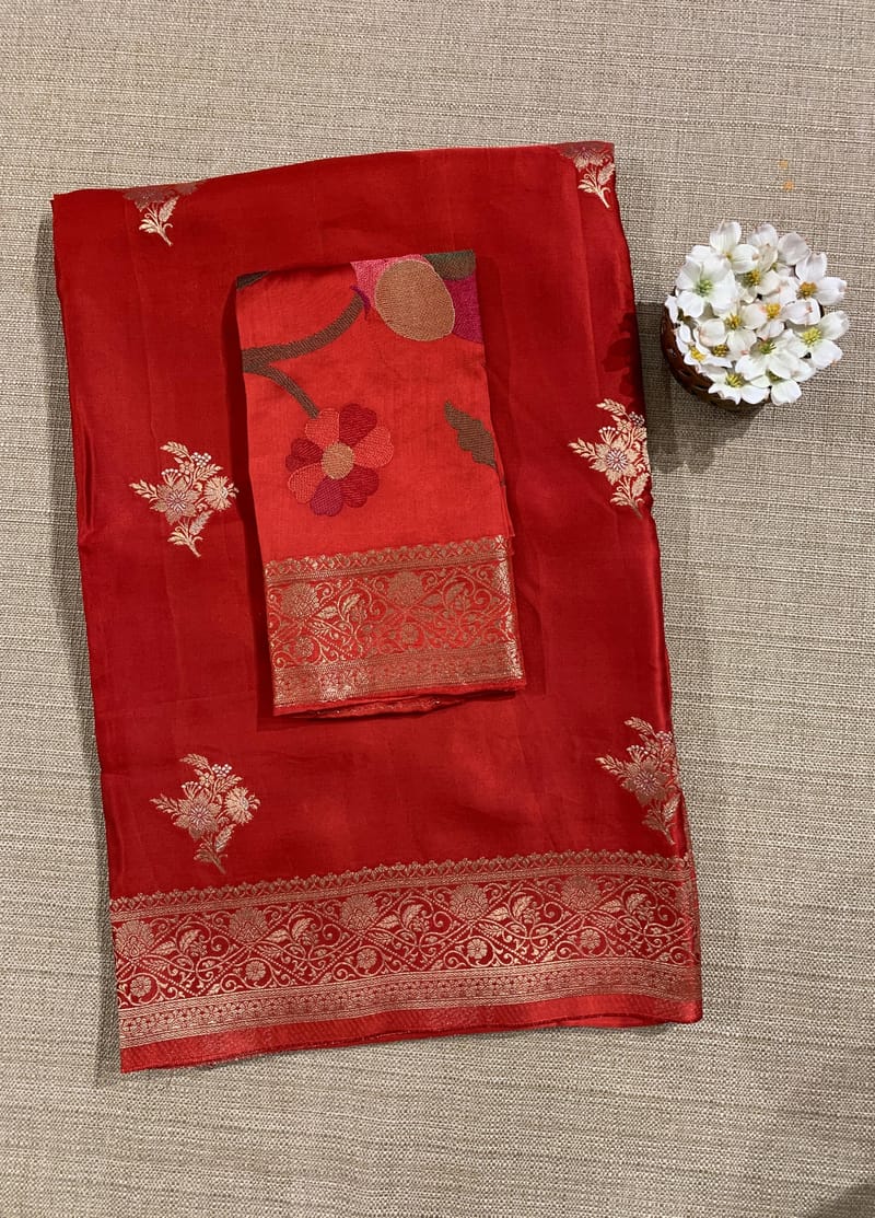 Red Mashru Silk Saree with Paithani inspired embroidered blouse SS50573
