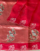 Red Premium Handloom Designer Tissue saree with exquisite embroidery