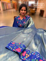 Royal Blue Banarasi Tissue with petite point embroidery: S62F189