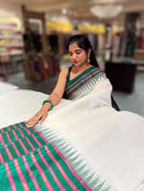 Half white Ponduru Khadi Saree in 80’s Count with Kanchi Style Emerald Green borders