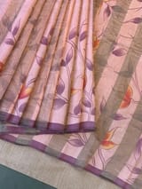 Peach pink Mul silk tissue stripes handloom saree with handpainting
