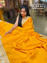 Marigold yellowish Orange Satin Saree with sabyasachi borders : D62F046