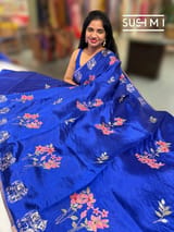 Royal Blue Pure Silk saree with petite point embroidery: S62F165